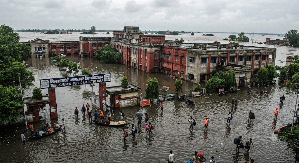 गंगा के बढ़ते जलस्तर से टीएमबीयू में गहराया बाढ़ का संकट, परिसर और लालबाग प्रोफेसर कॉलोनी में घुसा पानी शैक्षणिक गतिविधियों पर असर की आशंका, आवागमन में परेशानी; प्रभावित लोगों की बढ़ी चिंता