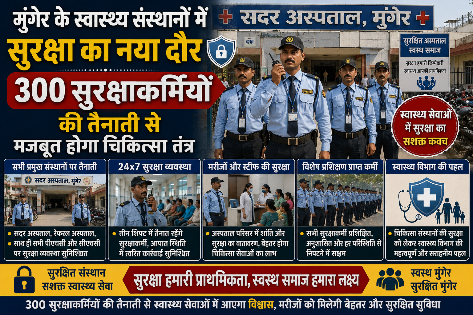 मुंगेर के स्वास्थ्य संस्थानों में सुरक्षा का नया दौर — 300 सुरक्षाकर्मियों की तैनाती से मजबूत होगा चिकित्सा तंत्र