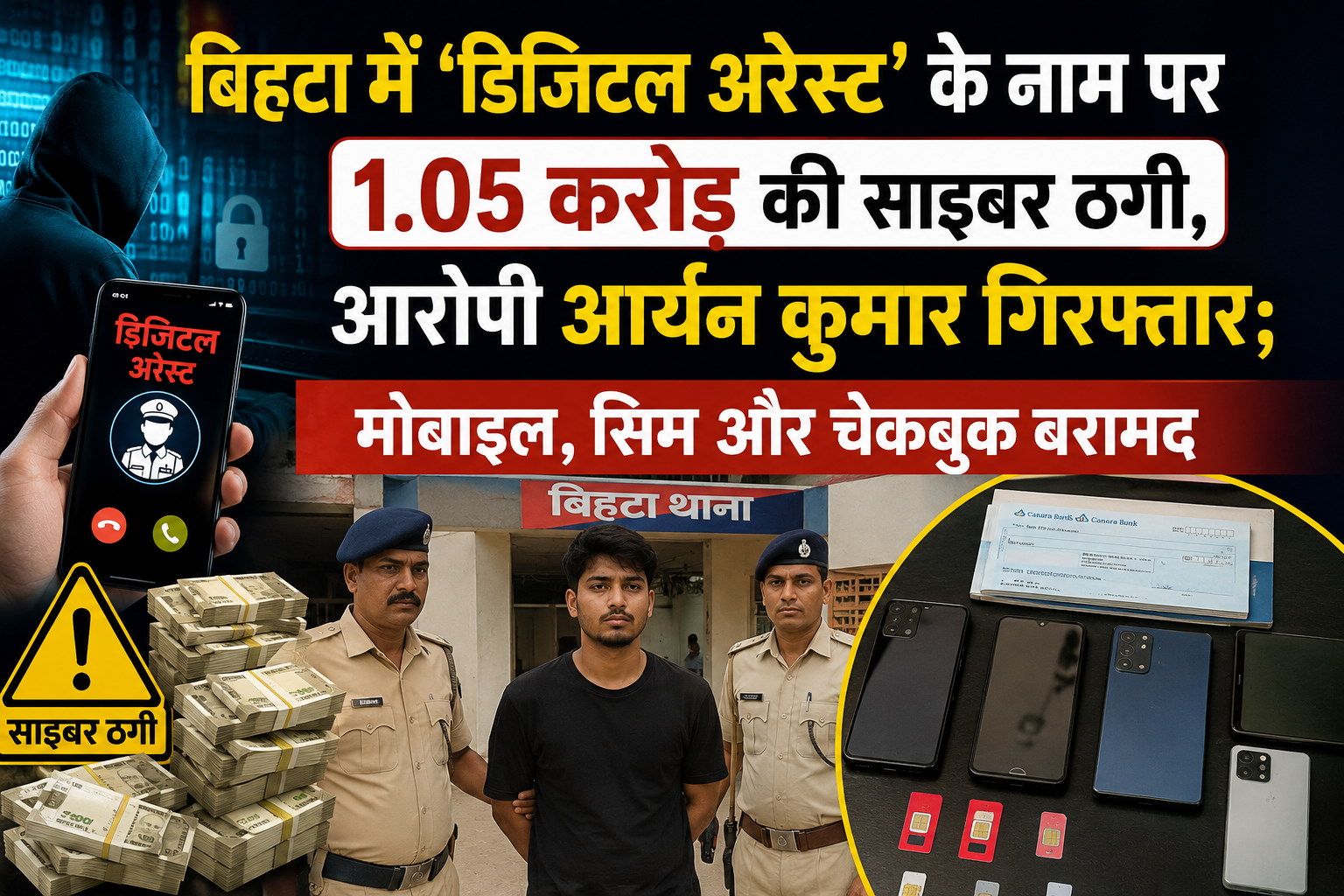 बिहटा में ‘डिजिटल अरेस्ट’ के नाम पर 1.05 करोड़ की साइबर ठगी, आरोपी आर्यन कुमार गिरफ्तार; मोबाइल, सिम और चेकबुक बरामद