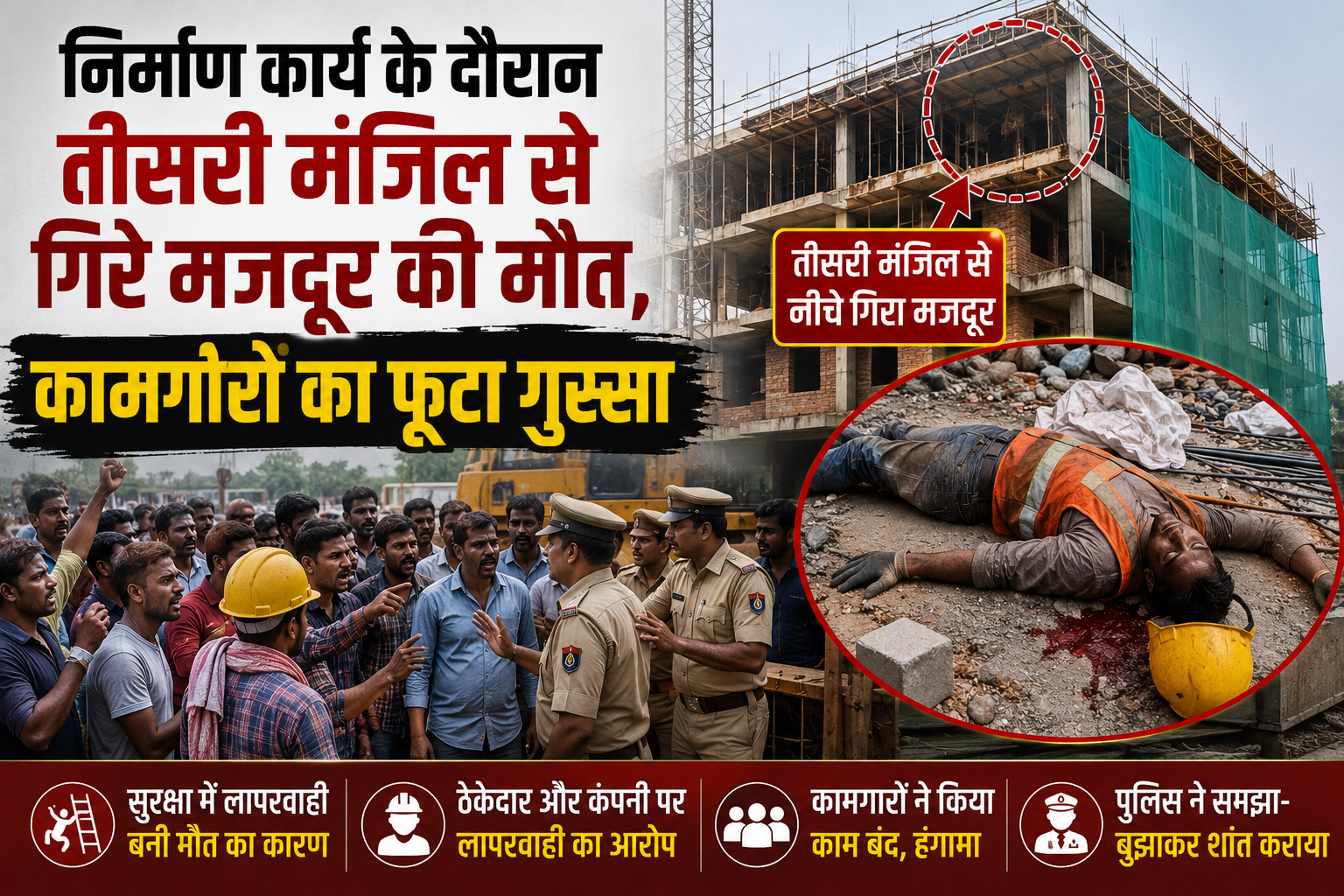निर्माण कार्य के दौरान तीसरी मंजिल से गिरे मजदूर की मौत, कामगारों का फूटा गुस्सा
