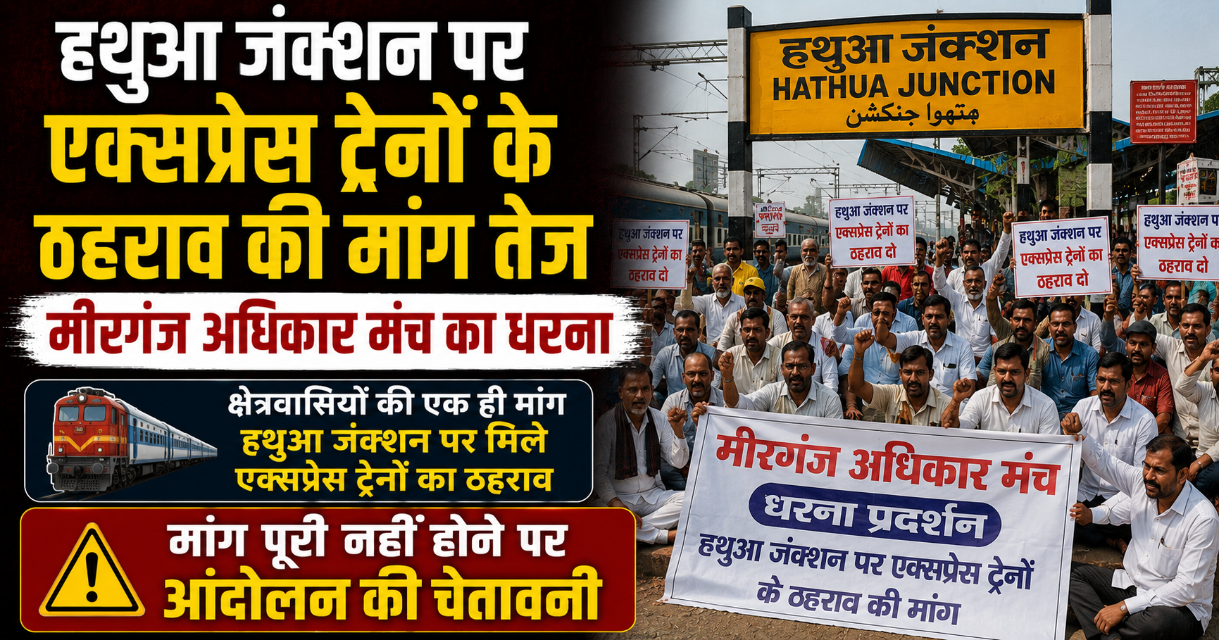 हथुआ जंक्शन पर एक्सप्रेस ट्रेनों के ठहराव की मांग तेज, मीरगंज अधिकार मंच का धरना; मांग पूरी नहीं होने पर आंदोलन की चेतावनी