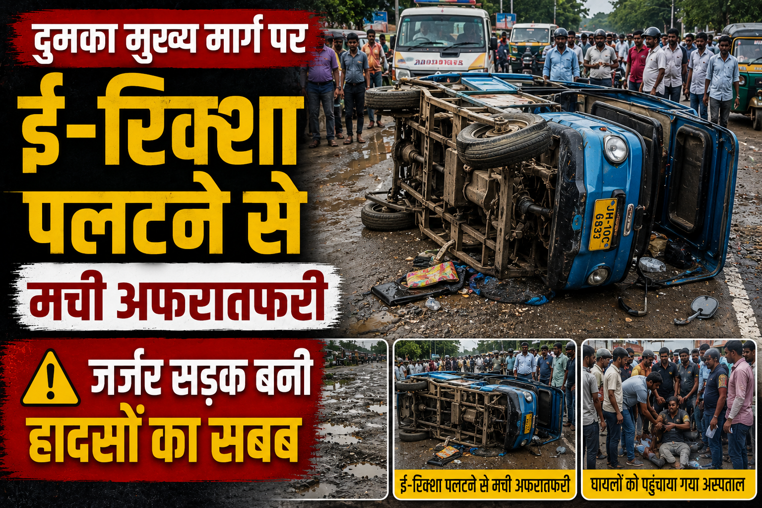दुमका मुख्य मार्ग पर ई-रिक्शा पलटने से मची अफरातफरी, जर्जर सड़क बनी हादसों का सबब