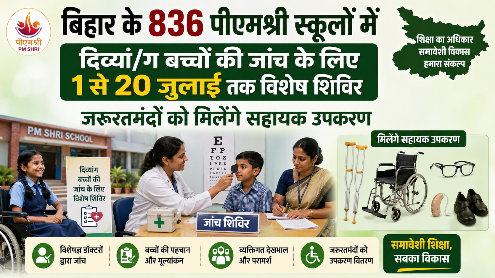 बिहार के 836 पीएमश्री स्कूलों में दिव्यांग बच्चों की जांच के लिए 1 से 20 जुलाई तक विशेष शिविर, जरूरतमंदों को मिलेंगे सहायक उपकरण