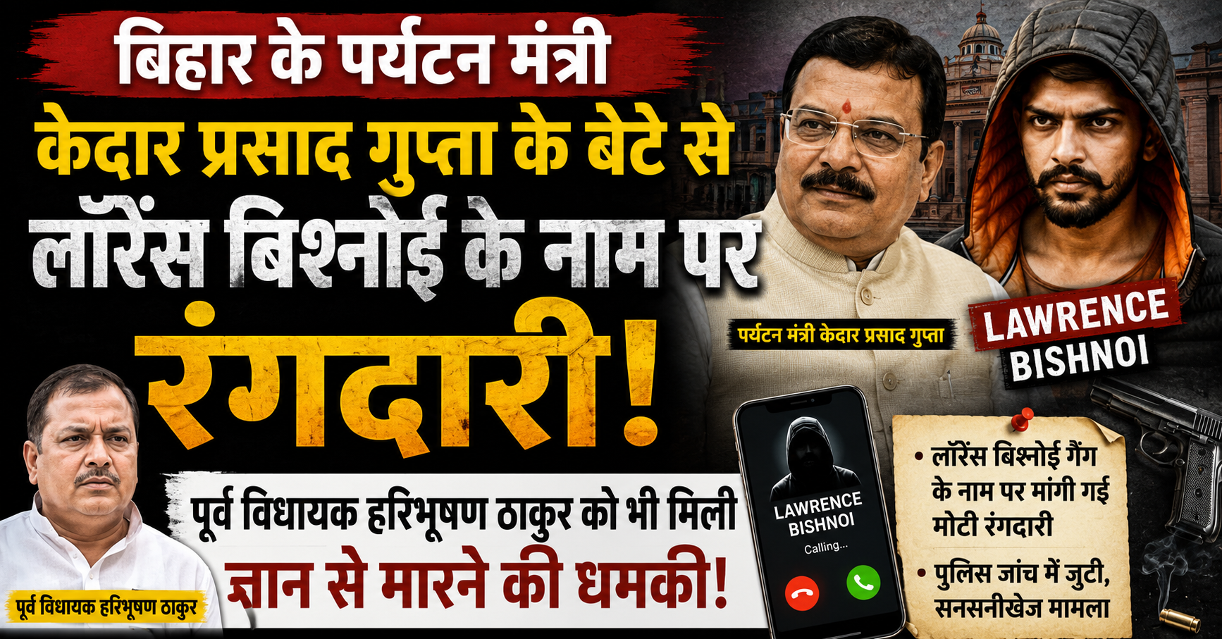 बिहार के पर्यटन मंत्री केदार प्रसाद गुप्ता के बेटे से लॉरेंस बिश्नोई के नाम पर रंगदारी, पूर्व विधायक हरिभूषण ठाकुर को भी मिली जान से मारने की धमकी: सनसनीखेज मामला