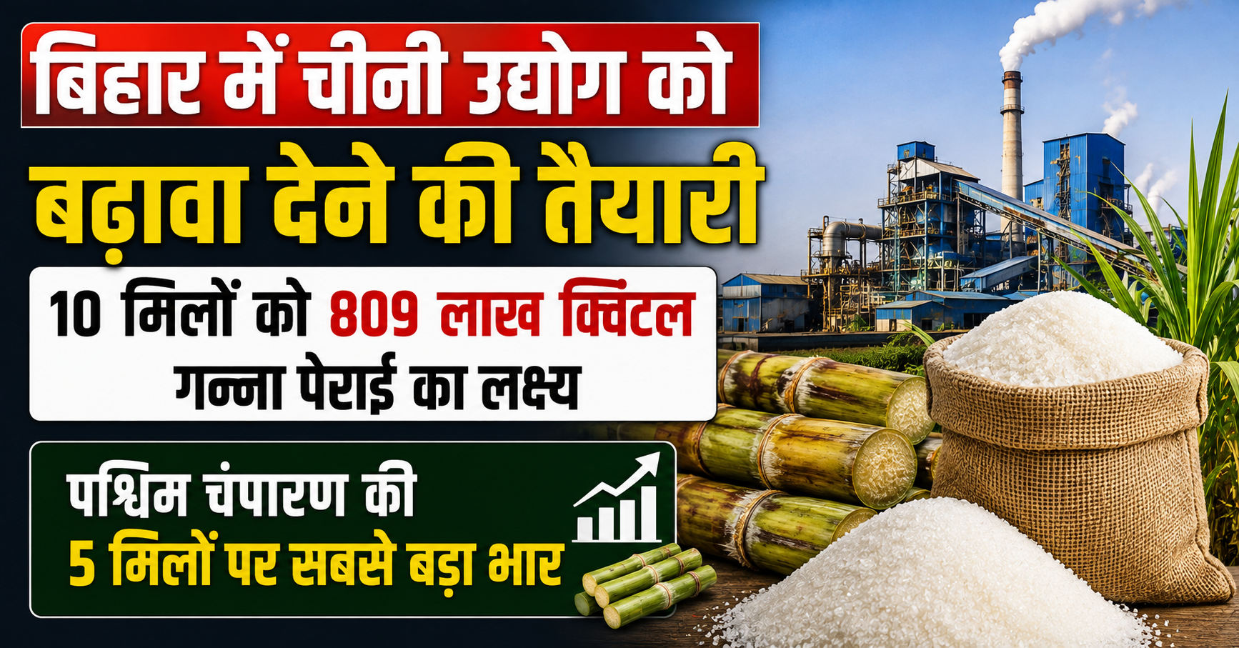 बिहार में चीनी उद्योग को बढ़ावा देने की तैयारी, 10 मिलों को 809 लाख क्विंटल गन्ना पेराई का लक्ष्य; पश्चिम चंपारण की 5 मिलों पर सबसे बड़ा भार