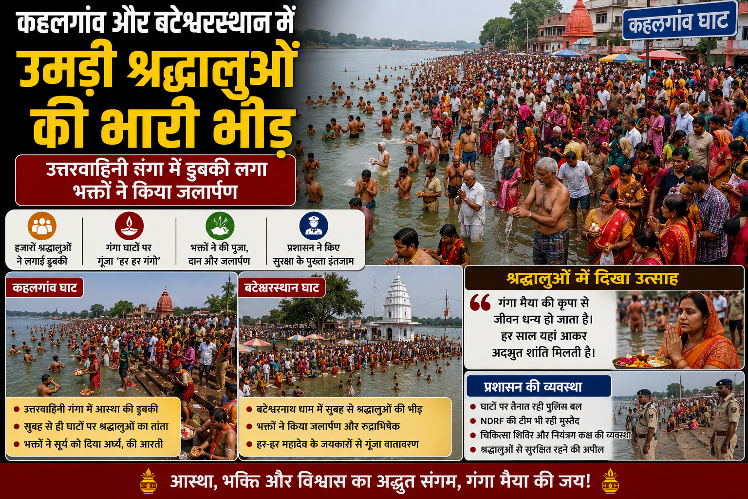 कहलगांव और बटेश्वरस्थान में उमड़ी श्रद्धालुओं की भारी भीड़, उत्तरवाहिनी गंगा में डुबकी लगा भक्तों ने किया जलार्पण