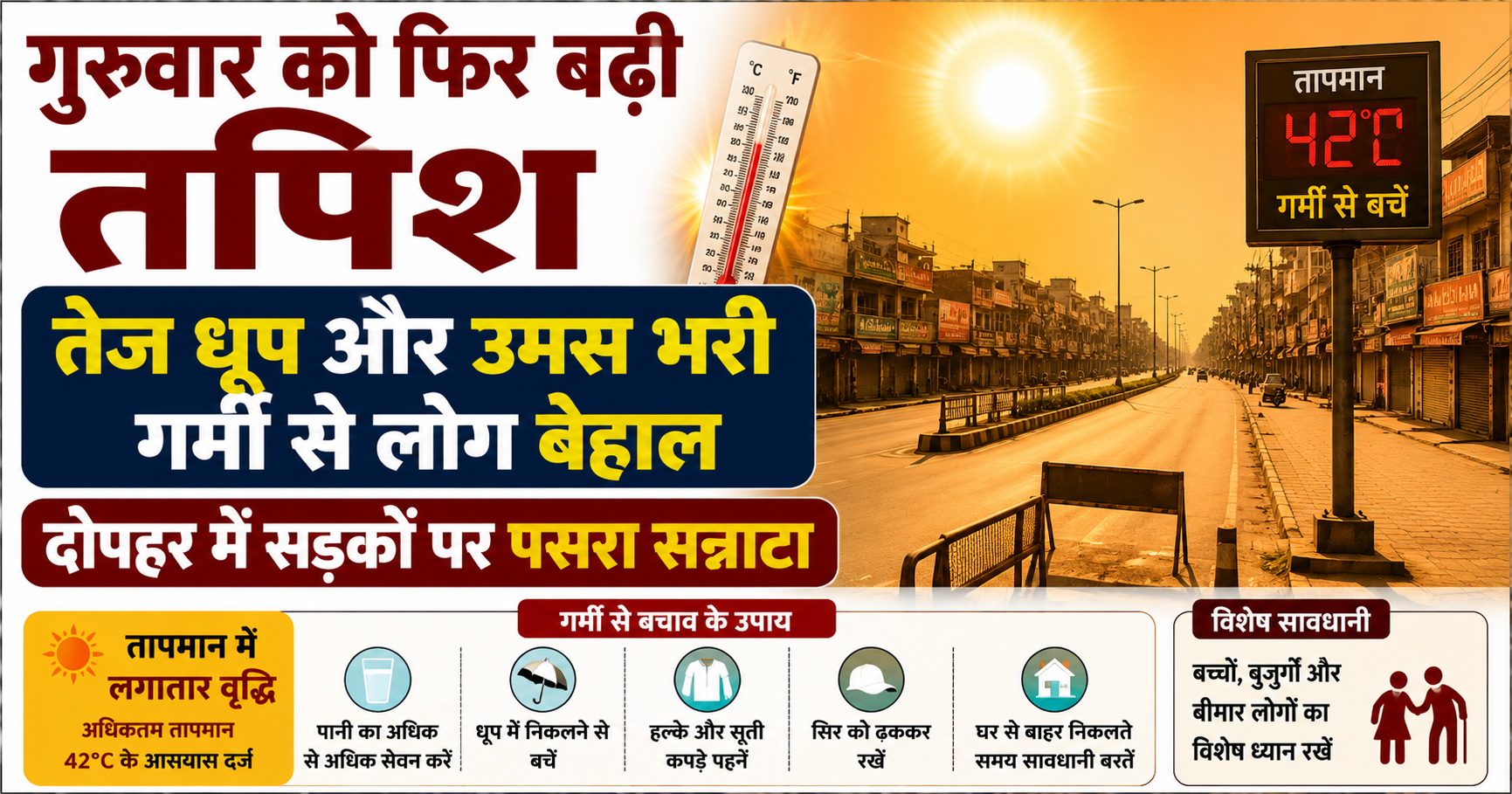 गुरुवार को फिर बढ़ी तपिश, तेज धूप और उमस भरी गर्मी से लोग बेहाल; दोपहर में सड़कों पर पसरा सन्नाटा