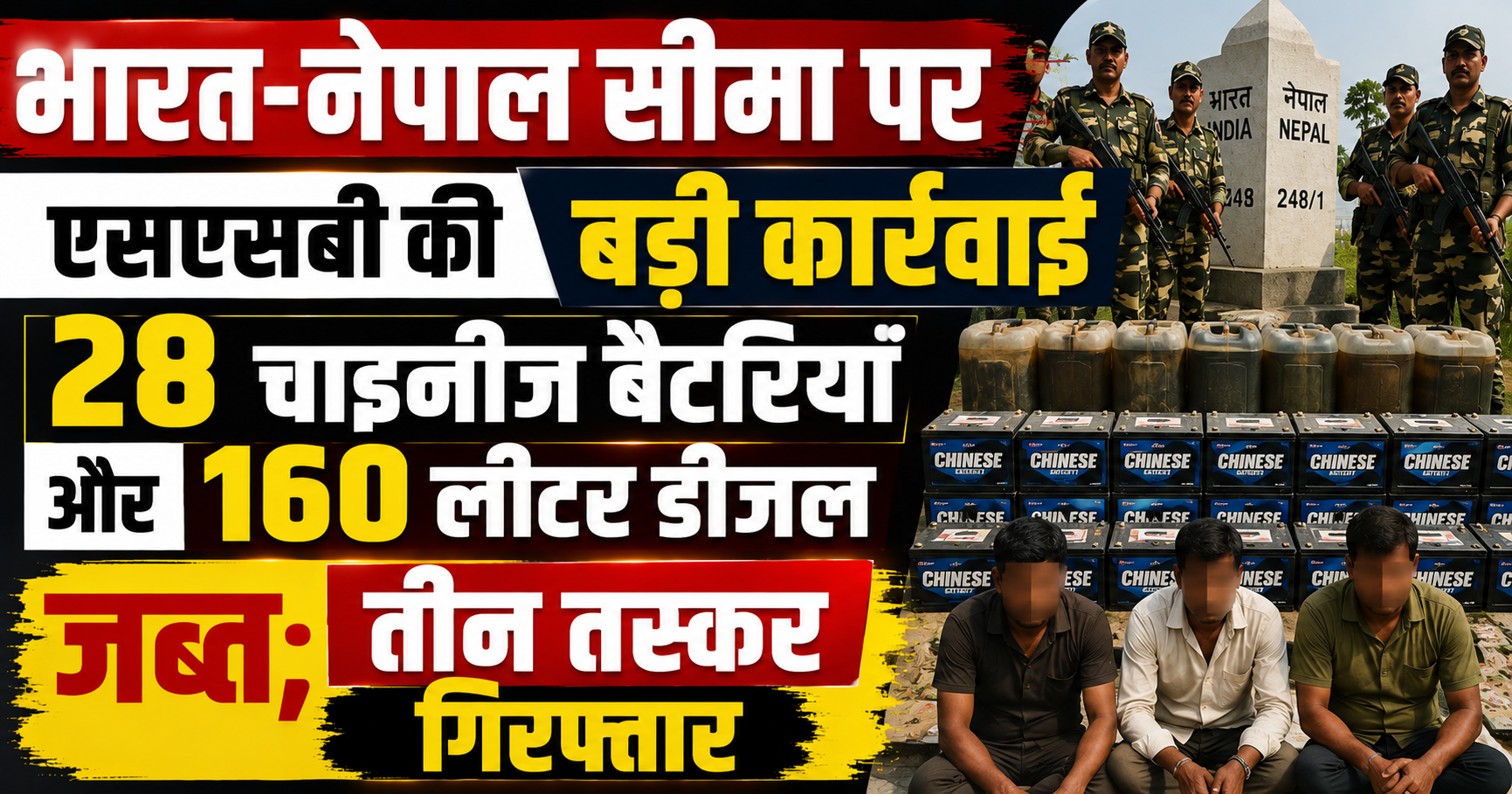 भारत-नेपाल सीमा पर एसएसबी की बड़ी कार्रवाई, 28 चाइनीज बैटरियां और 160 लीटर डीजल जब्त; तीन तस्कर गिरफ्तार