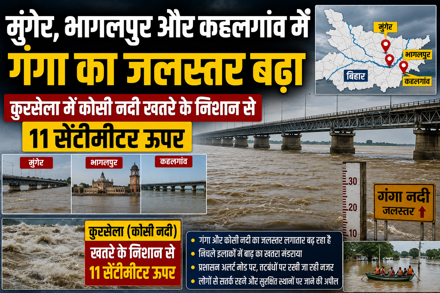 मुंगेर, भागलपुर और कहलगांव में गंगा का जलस्तर बढ़ा; कुरसेला में कोसी नदी खतरे के निशान से 11 सेंटीमीटर ऊपर