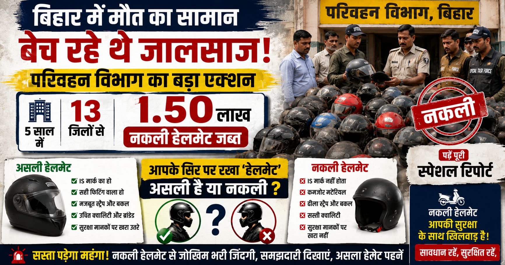 बिहार में मौत का सामान बेच रहे थे जालसाज! परिवहन विभाग ने 5 साल में 13 जिलों से जब्त किए 1.50 लाख नकली हेलमेट, आपके सिर पर रखा 'हेलमेट' असली है या नकली? पढ़ें पूरी स्पेशल रिपोर्ट