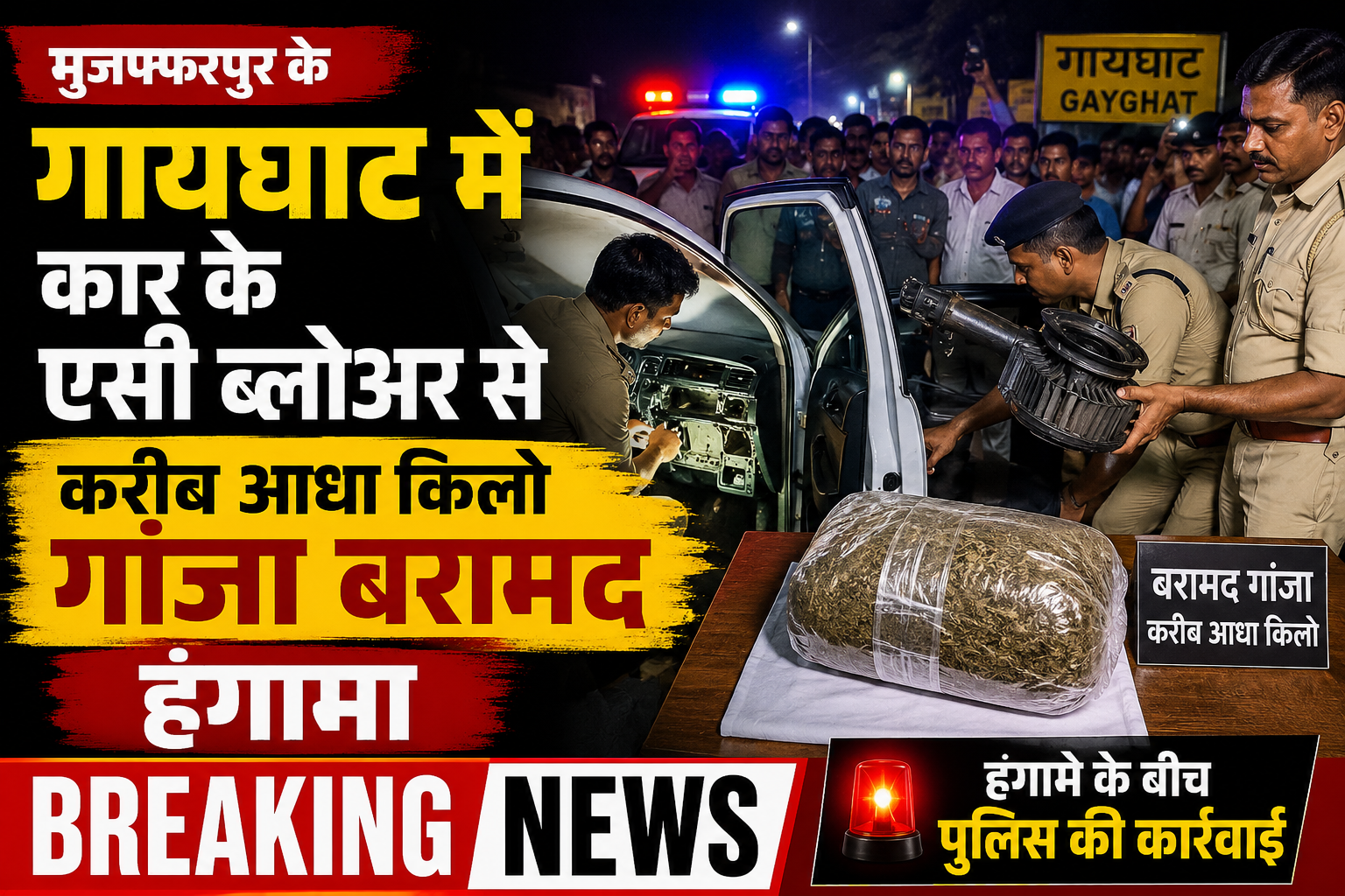 मुजफ्फरपुर के गायघाट में कार के एसी ब्लोअर से करीब आधा किलो गांजा बरामद, हंगामा