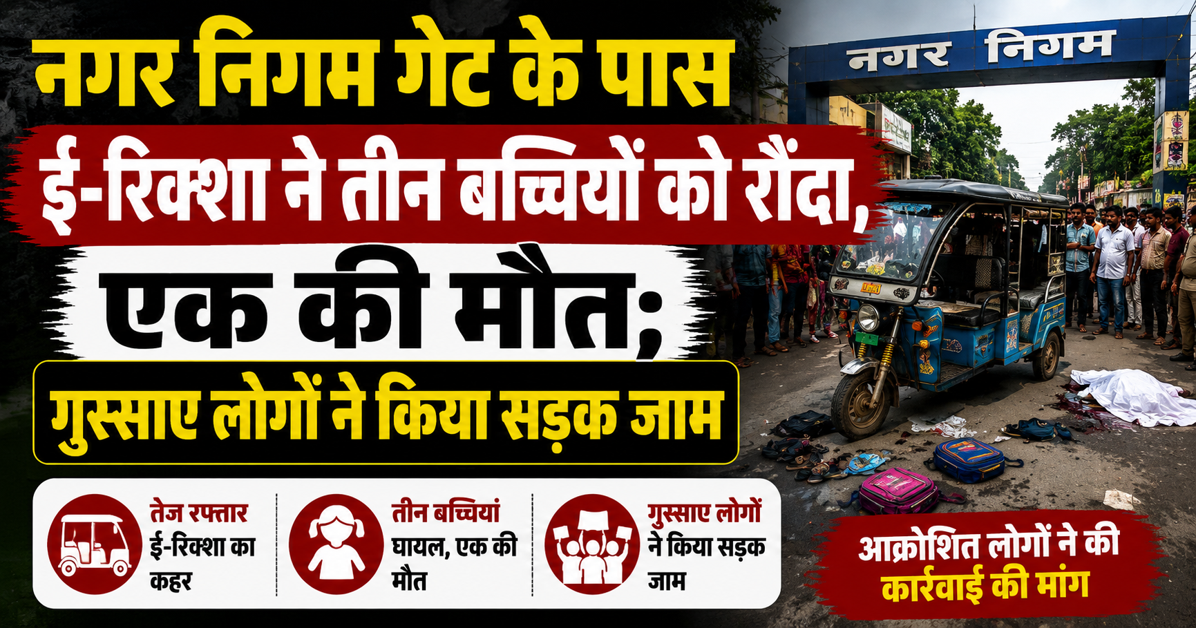 नगर निगम गेट के पास ई-रिक्शा ने तीन बच्चियों को रौंदा, एक की मौत; गुस्साए लोगों ने किया सड़क जाम
