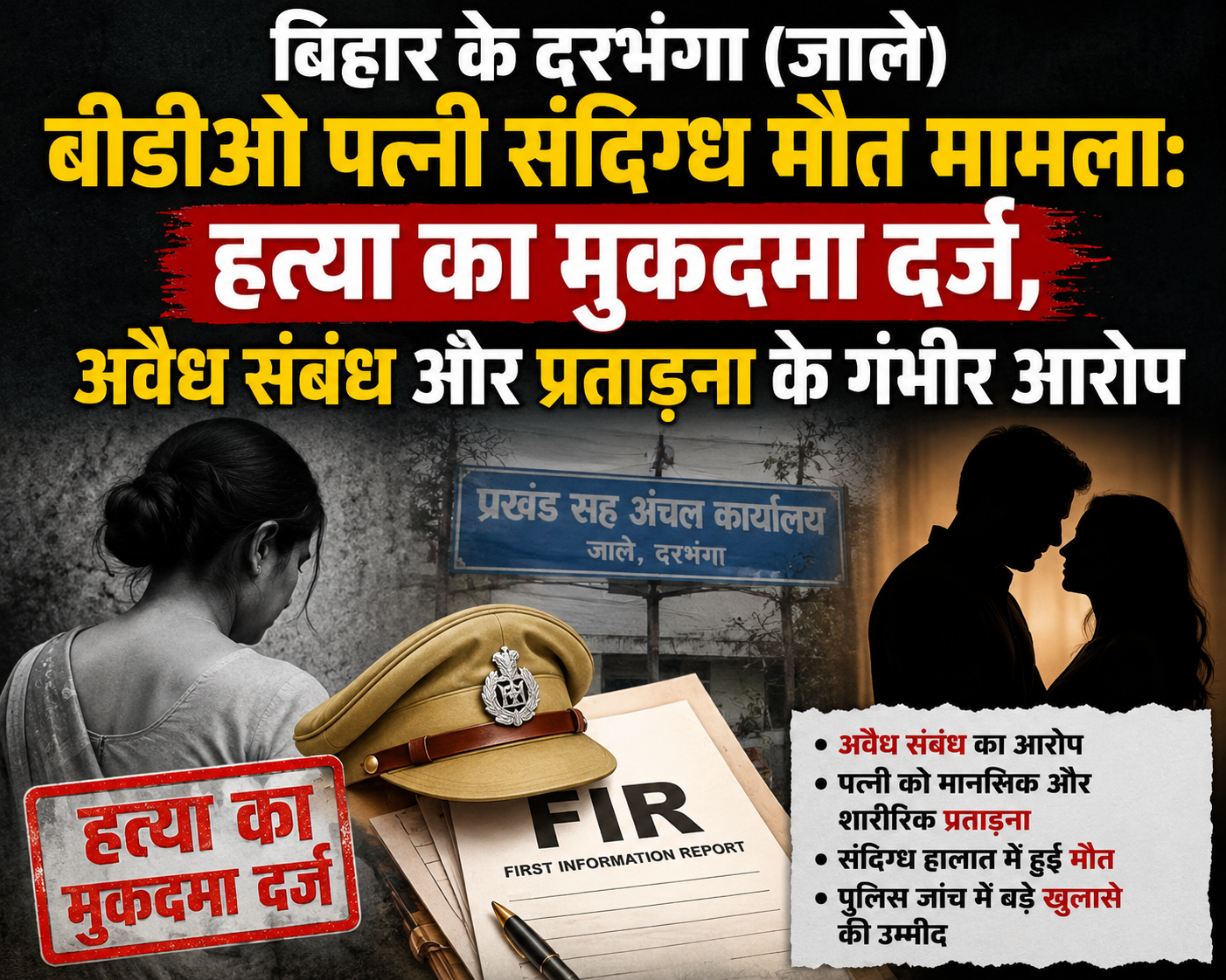 बिहार के दरभंगा (जाले) बीडीओ पत्नी संदिग्ध मौत मामला: हत्या का मुकदमा दर्ज, अवैध संबंध और प्रताड़ना के गंभीर आरोप