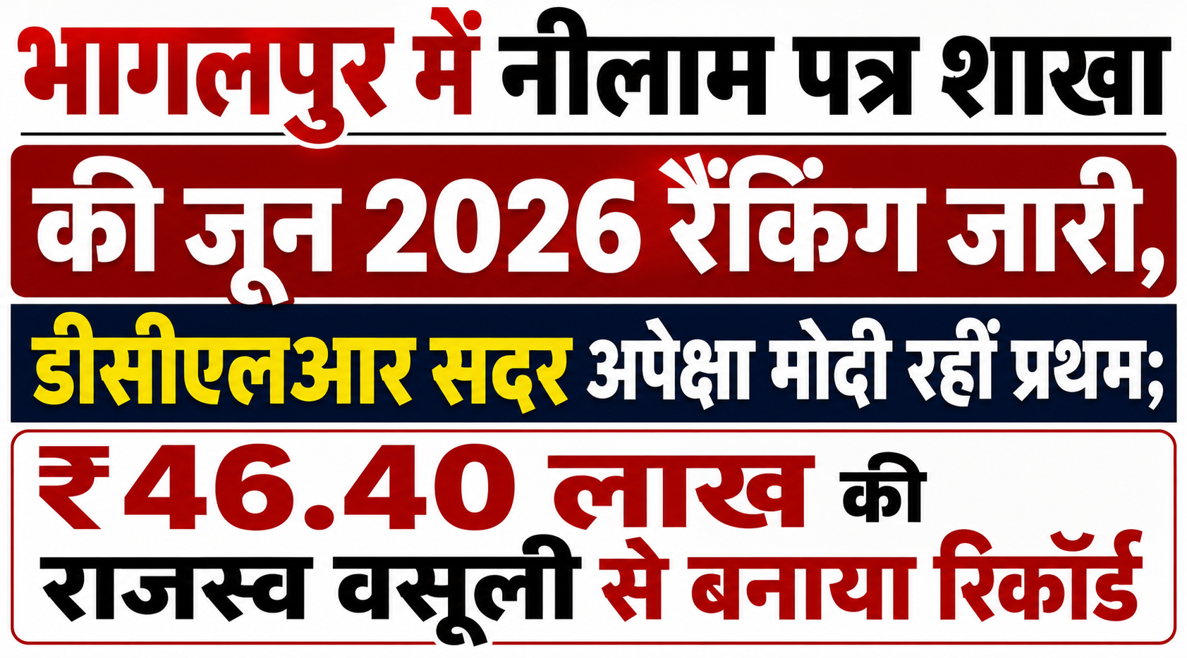 भागलपुर में नीलाम पत्र शाखा की जून 2026 रैंकिंग जारी, डीसीएलआर सदर अपेक्षा मोदी रहीं प्रथम; ₹46.40 लाख की राजस्व वसूली से बनाया रिकॉर्ड