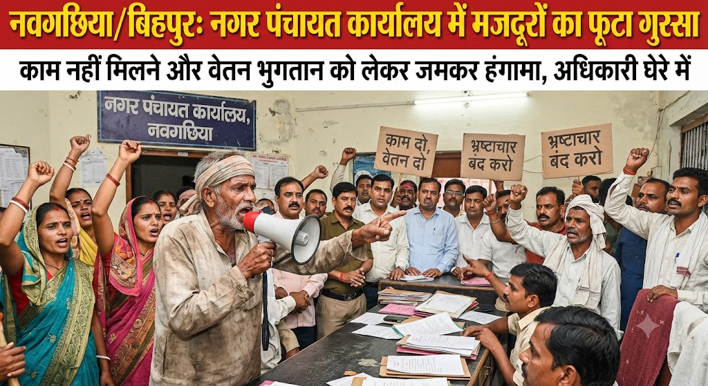 नवगछिया या बिहपुर क्षेत्र के नगर पंचायत कार्यालय में मजदूरों का फूटा गुस्सा; बकाया मानदेय और बदहाल व्यवस्था को लेकर प्रशासन व कार्यदायी एजेंसी के खिलाफ जमकर लगाए नारे, कचरे के ढेर के पास प्रदर्शन से मचा हड़कंप