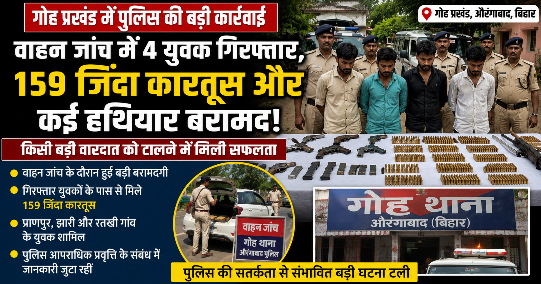 159 जिंदा कारतूस और हथियारों के साथ चार युवक गिरफ्तार, संभावित बड़ी वारदात टली