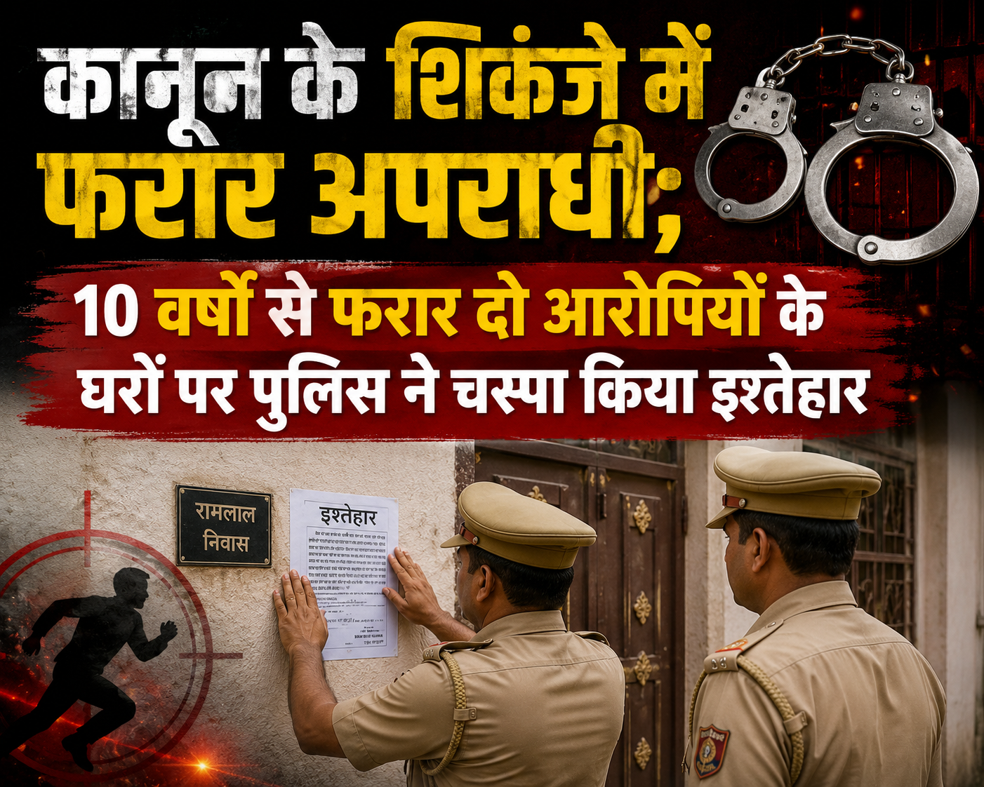 कानून के शिकंजे में फरार अपराधी; 10 वर्षों से फरार दो आरोपियों के घरों पर पुलिस ने चस्पा किया इश्तेहार