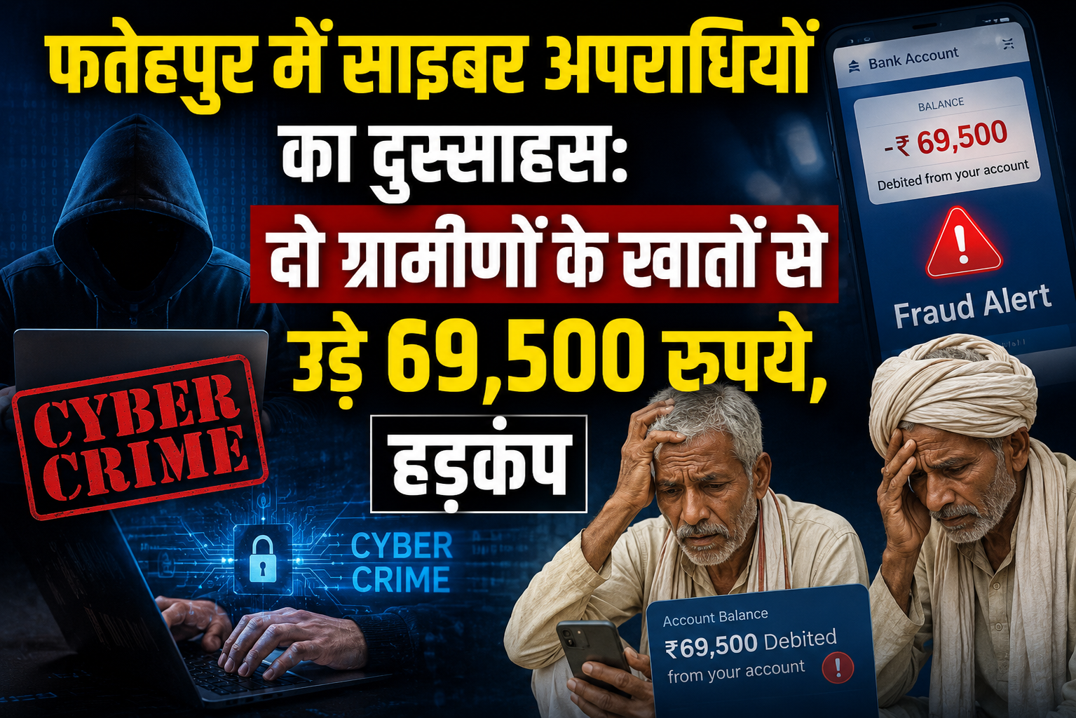 फतेहपुर में साइबर अपराधियों का दुस्साहस: दो ग्रामीणों के खातों से उड़े 69,500 रुपये, हड़कंप