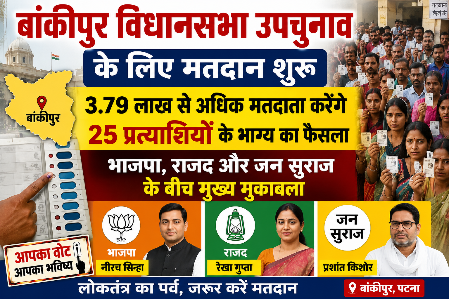 Voting Begins for Bankipur Assembly By-Election; Over 379,000 Voters to Decide the Fate of 25 Candidates as BJP, RJD, and Jan Suraaj Emerge as Main Contenders