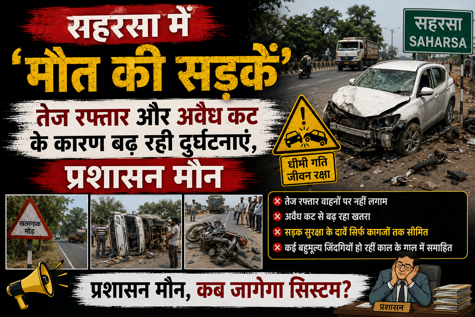 सहरसा में 'मौत की सड़कें': तेज रफ्तार और अवैध कट के कारण बढ़ रही दुर्घटनाएं, प्रशासन मौन