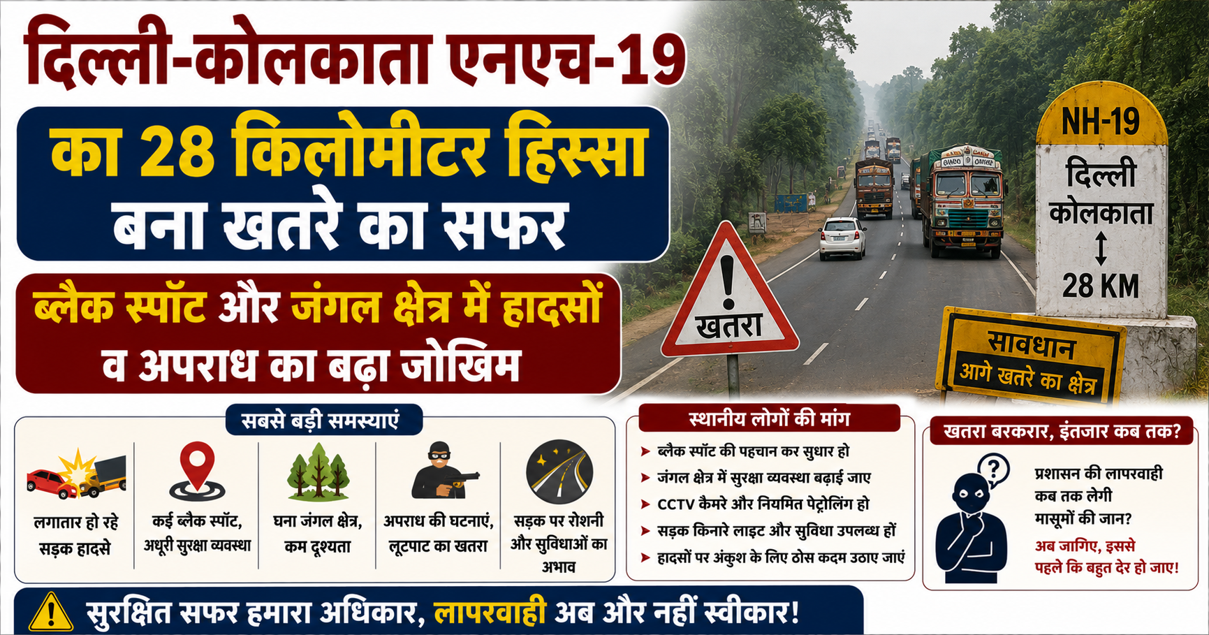 दिल्ली-कोलकाता एनएच-19 का 28 किलोमीटर हिस्सा बना खतरे का सफर, ब्लैक स्पॉट और जंगल क्षेत्र में हादसों व अपराध का बढ़ा जोखिम