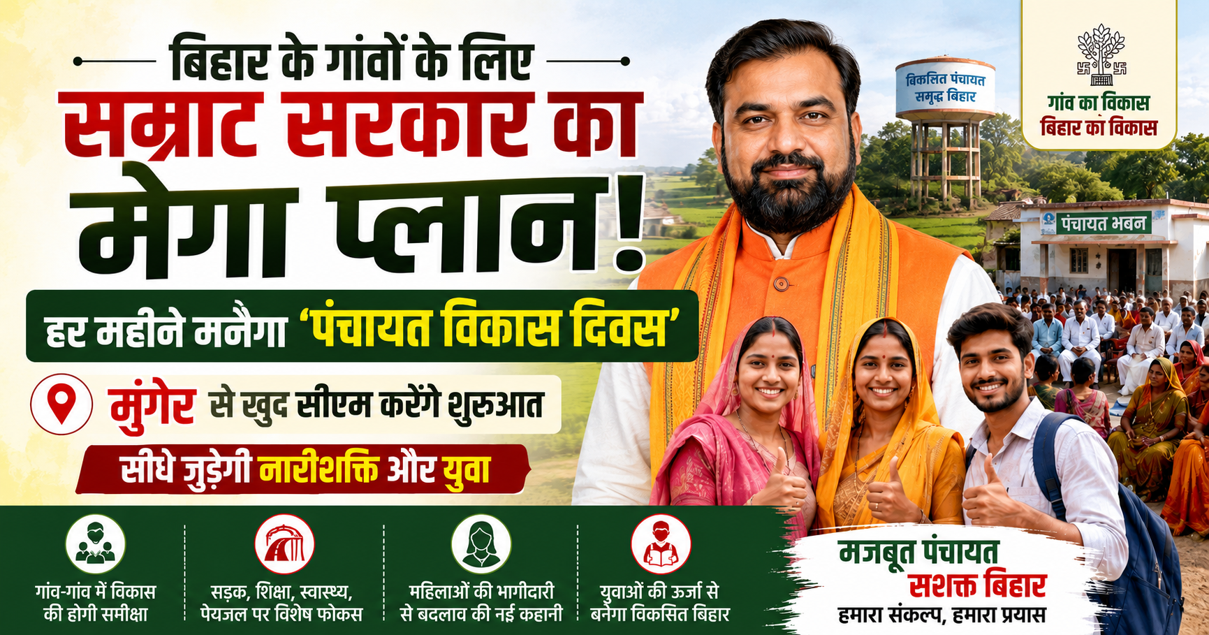 बिहार के गांवों के लिए सम्राट सरकार का मेगा प्लान! हर महीने मनेगा 'पंचायत विकास दिवस', मुंगेर से खुद सीएम करेंगे शुरुआत, सीधे जुड़ेगी नारीशक्ति और युवा