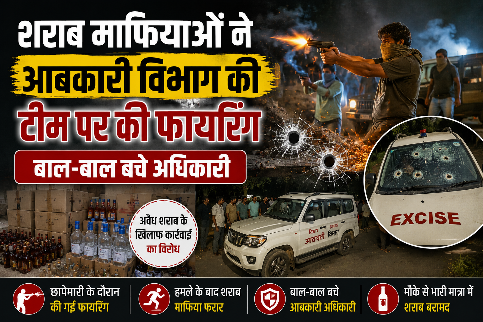 शराब माफियाओं ने आबकारी विभाग की टीम पर की फायरिंग, बाल-बाल बचे अधिकारी