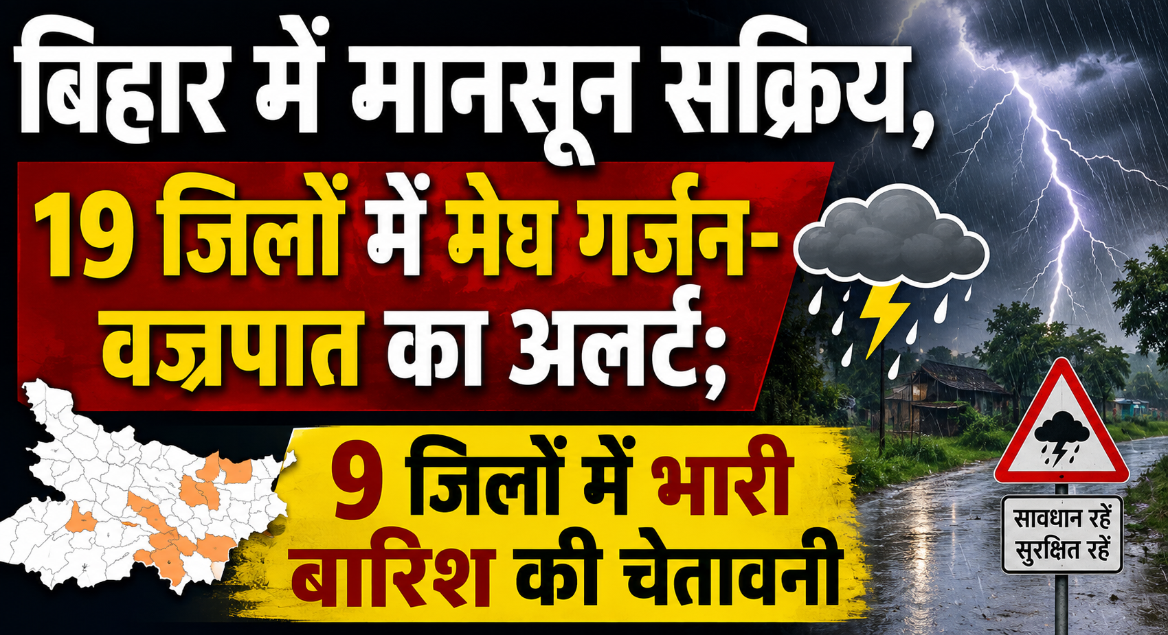 बिहार में मानसून सक्रिय, 19 जिलों में मेघ गर्जन-वज्रपात का अलर्ट; 9 जिलों में भारी बारिश की चेतावनी