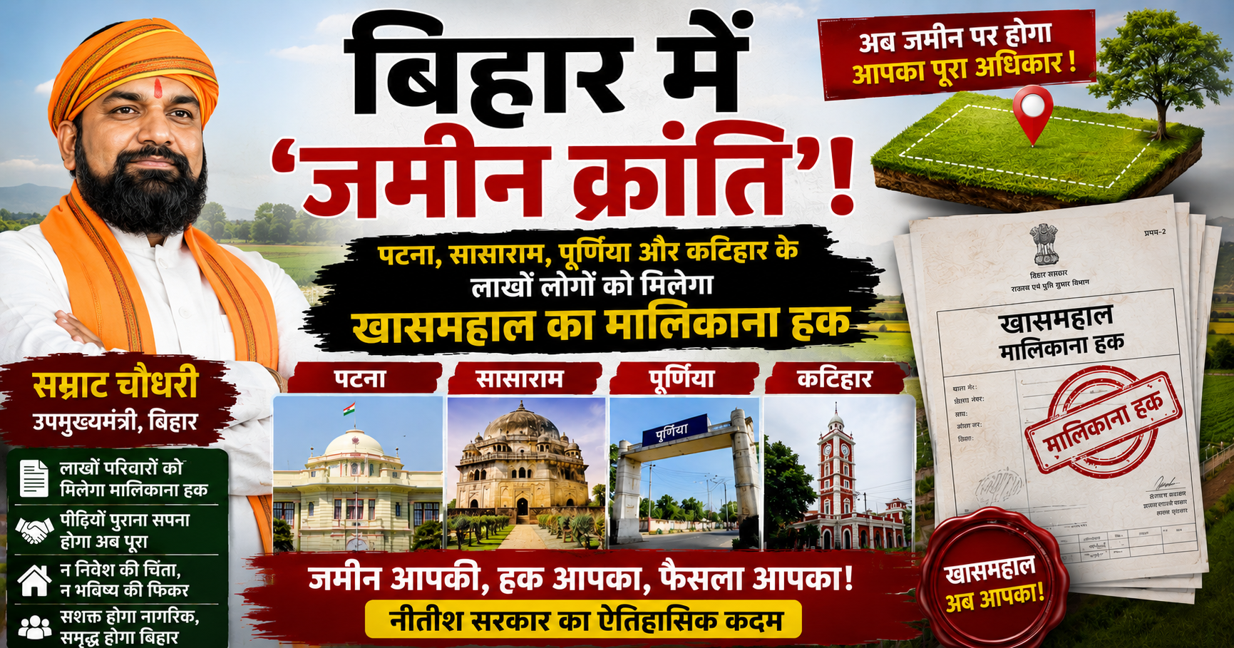 बिहार में 'जमीन क्रांति'! पटना, सासाराम, पूर्णिया और कटिहार के लाखों लोगों को मिलेगा खासमहाल का मालिकाना हक
