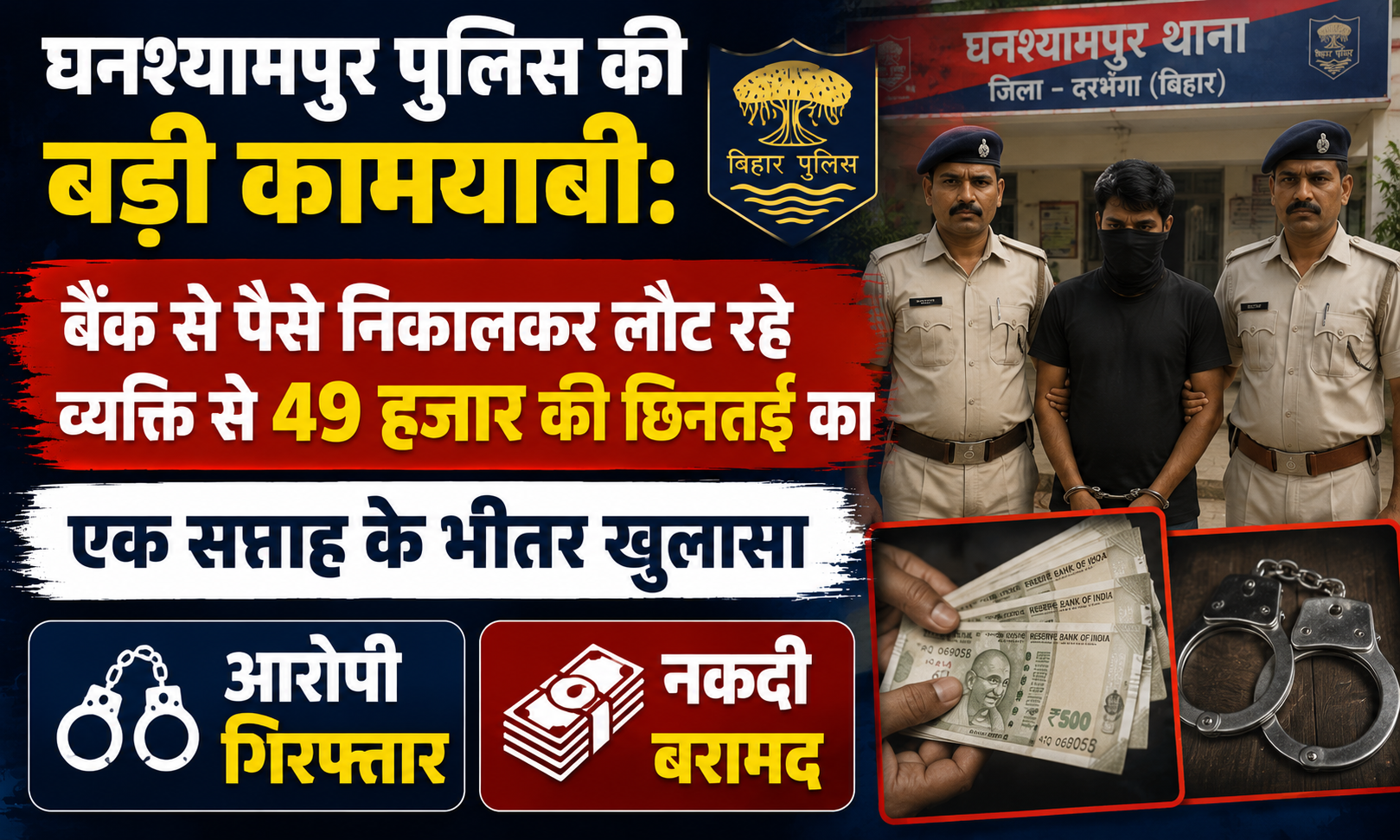 घनश्यामपुर पुलिस की बड़ी कामयाबी: बैंक से पैसे निकालकर लौट रहे व्यक्ति से 49 हजार की छिनतई का एक सप्ताह के भीतर खुलासा, आरोपी गिरफ्तार और नकदी बरामद