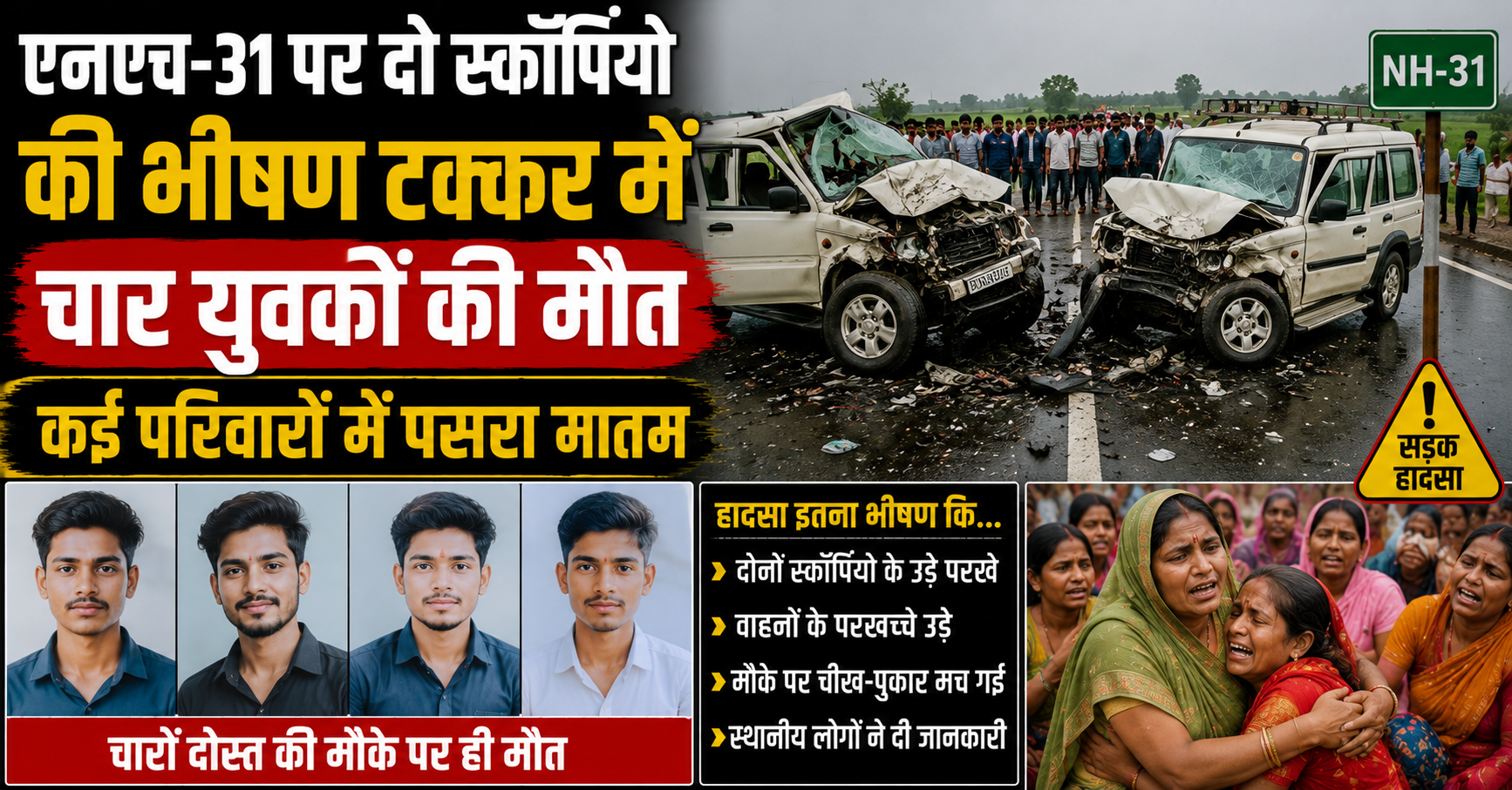 headline ke liye news ka image bano size 1200*630एनएच-31 पर दो स्कॉर्पियो की भीषण टक्कर में चार युवकों की मौत, कई परिवारों में पसरा मातम