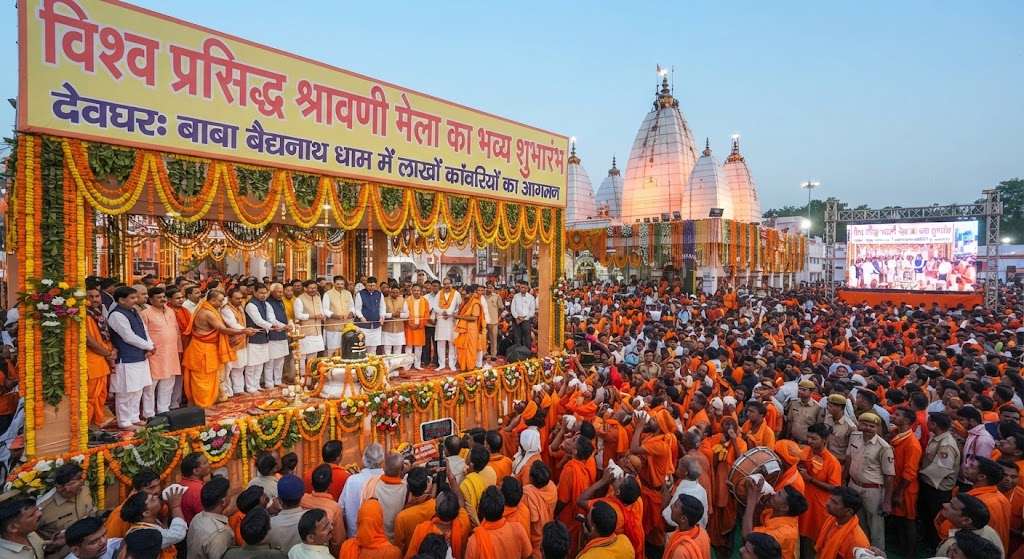 Grand Inauguration of World-Famous Shravani Mela; Holy Banks Resound with Ethereal Ganga Maha Aarti Organized at Namami Gange Ghat, DM Alankrita Pandey and SSP Pramod Kumar Yadav Perform Ritualistic Worship