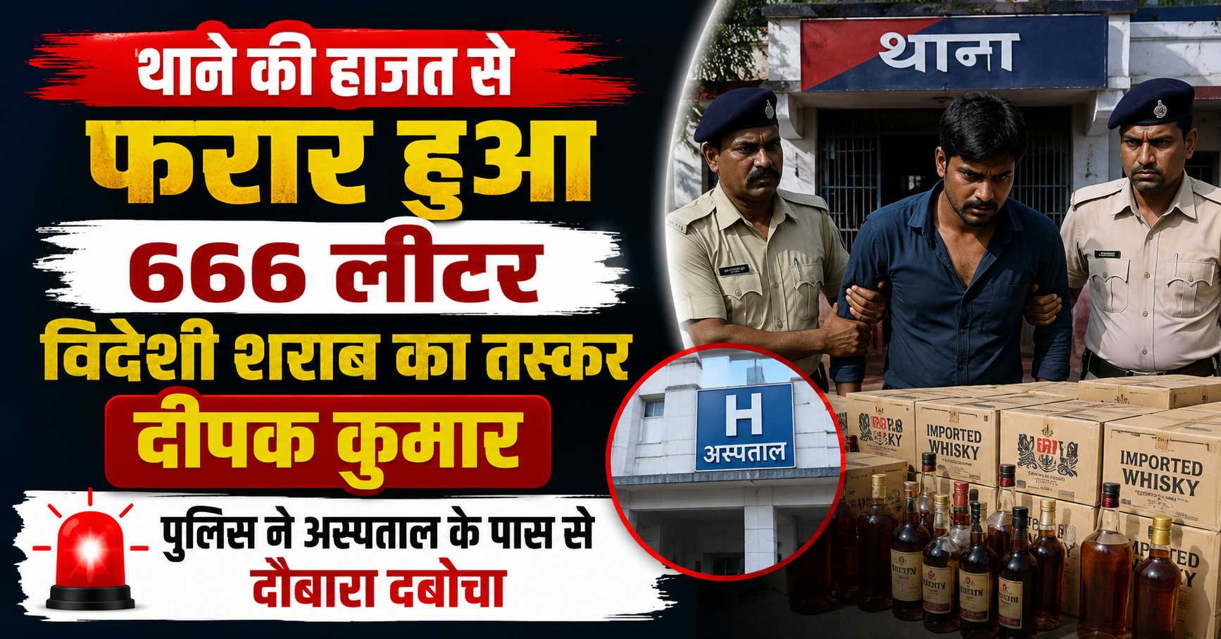 मुजफ्फरपुर पुलिस की बड़ी लापरवाही और तत्परता: थाने की हाजत से फरार हुआ 666 लीटर विदेशी शराब का तस्कर दीपक कुमार, पुलिस ने अस्पताल के पास से दोबारा दबोचा