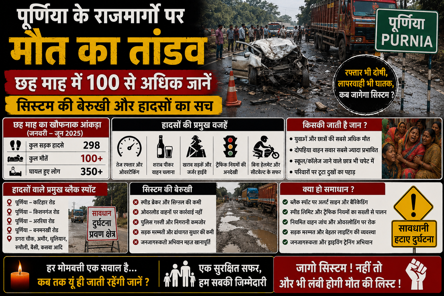 पूर्णिया के राजमार्गों पर मौत का तांडव — छह माह में 100 से अधिक जानें, सिस्टम की बेरुखी और हादसों का सच