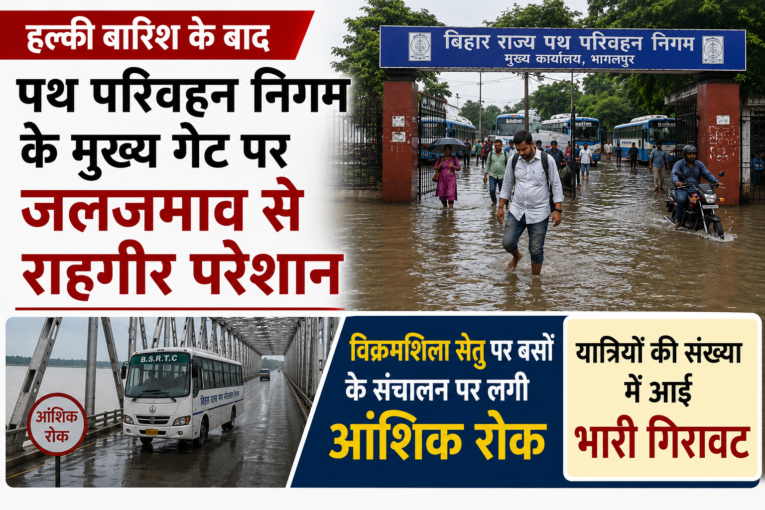 हल्की बारिश के बाद पथ परिवहन निगम के मुख्य गेट पर जलजमाव से राहगीर परेशान; विक्रमशिला सेतु पर बसों के संचालन पर लगी आंशिक रोक, यात्रियों की संख्या में आई भारी गिरावट