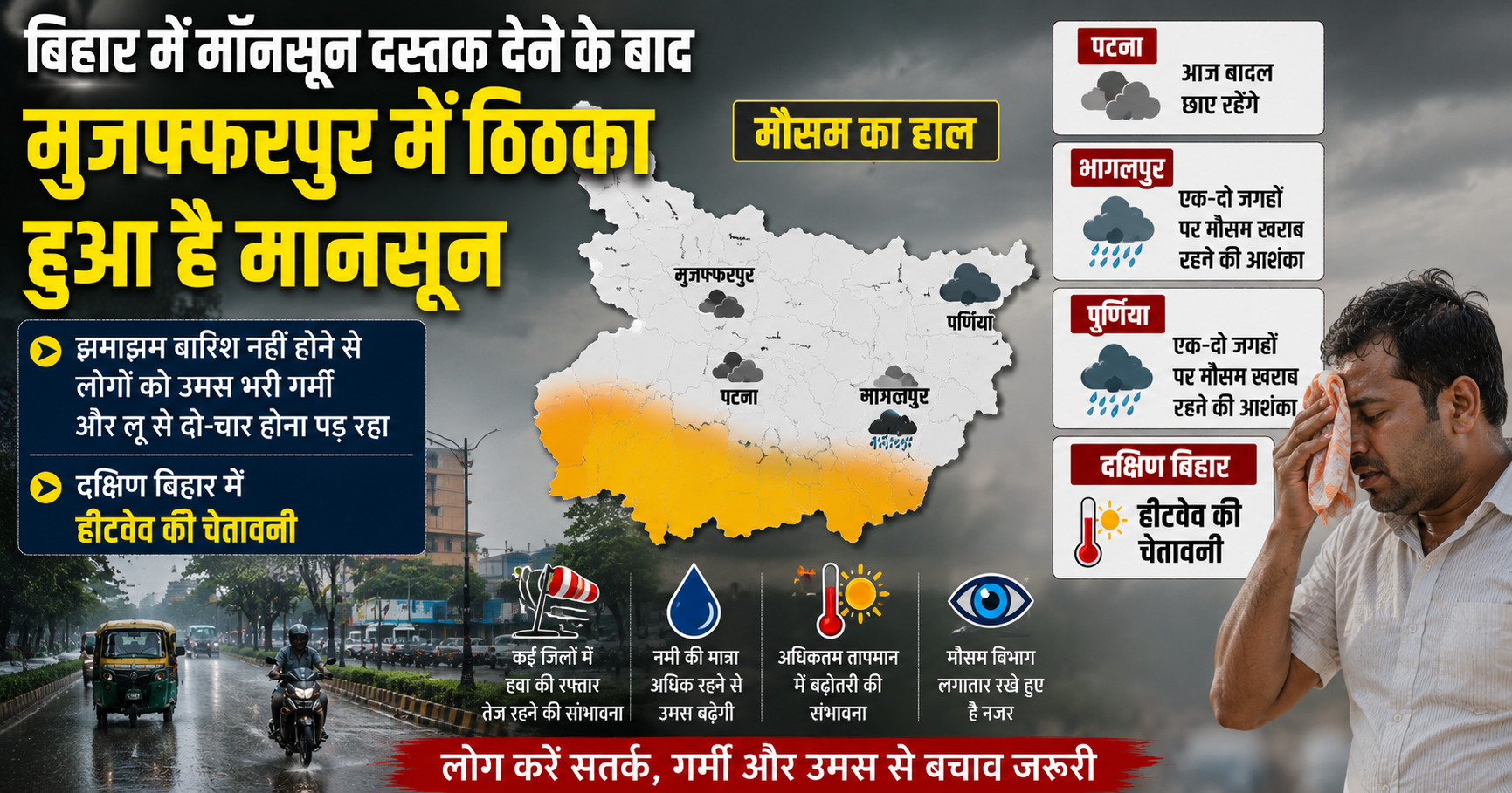 मानसून मुजफ्फरपुर में ठिठका, बिहार में उमस और भीषण गर्मी का प्रकोप जारी