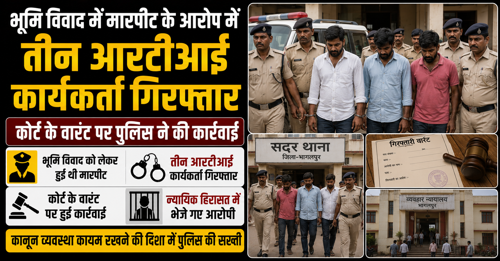 भूमि विवाद में मारपीट के आरोप में तीन आरटीआई कार्यकर्ता गिरफ्तार, कोर्ट के वारंट पर पुलिस ने की कार्रवाई; न्यायिक हिरासत में भेजे गए