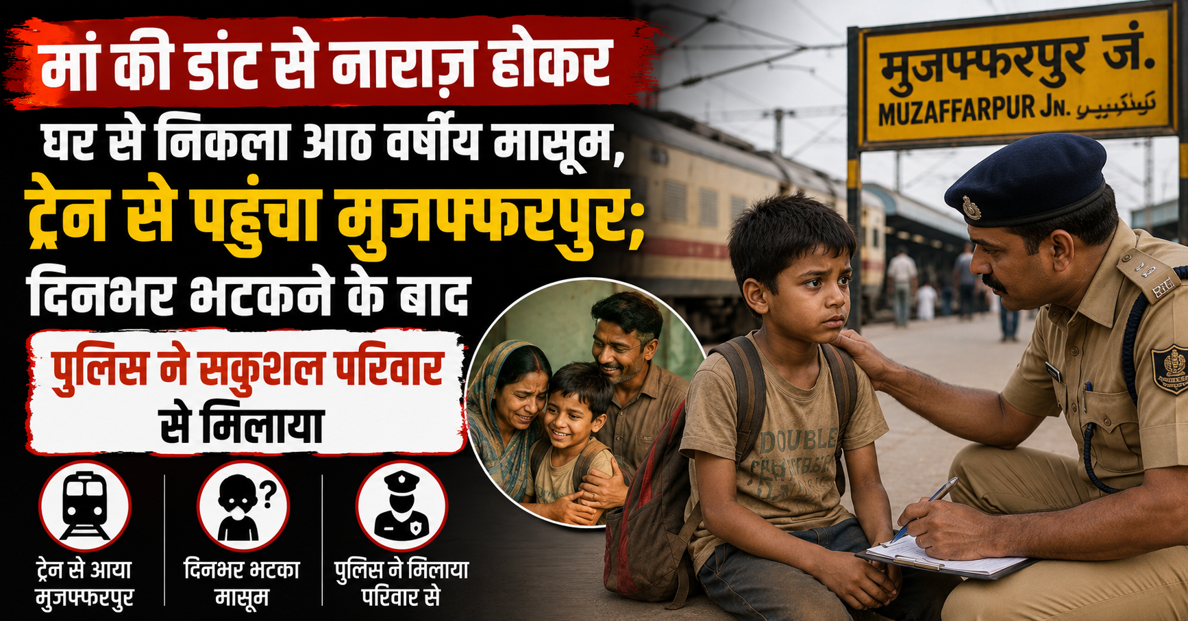 मां की डांट से नाराज़ होकर घर से निकला आठ वर्षीय मासूम, ट्रेन से पहुंचा मुजफ्फरपुर; दिनभर भटकने के बाद पुलिस ने सकुशल परिवार से मिलाया