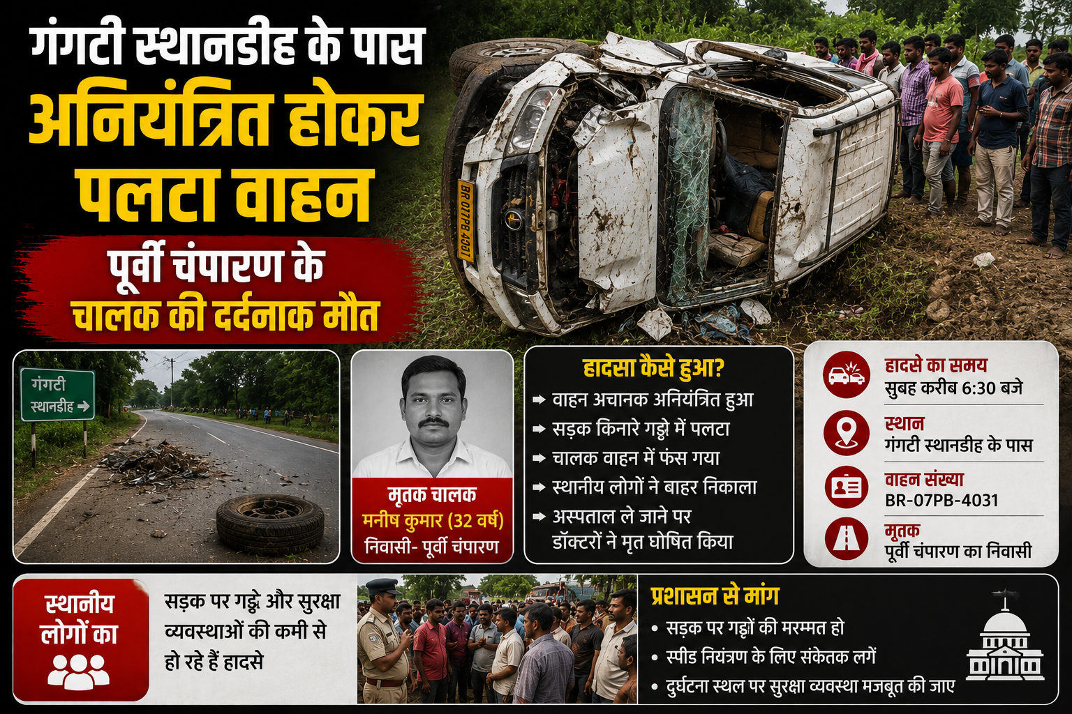 गंगटी स्थानडीह के पास अनियंत्रित होकर पलटा वाहन, पूर्वी चंपारण के चालक की दर्दनाक मौत