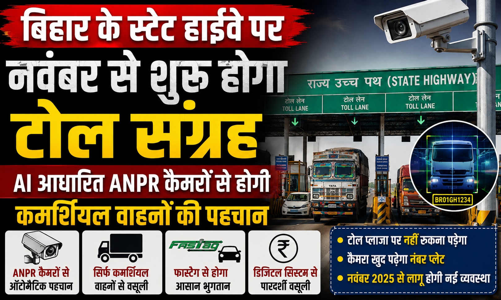बिहार के स्टेट हाईवे पर नवंबर से शुरू होगा टोल संग्रह, एआई आधारित ANPR कैमरों से होगी कमर्शियल वाहनों की पहचान