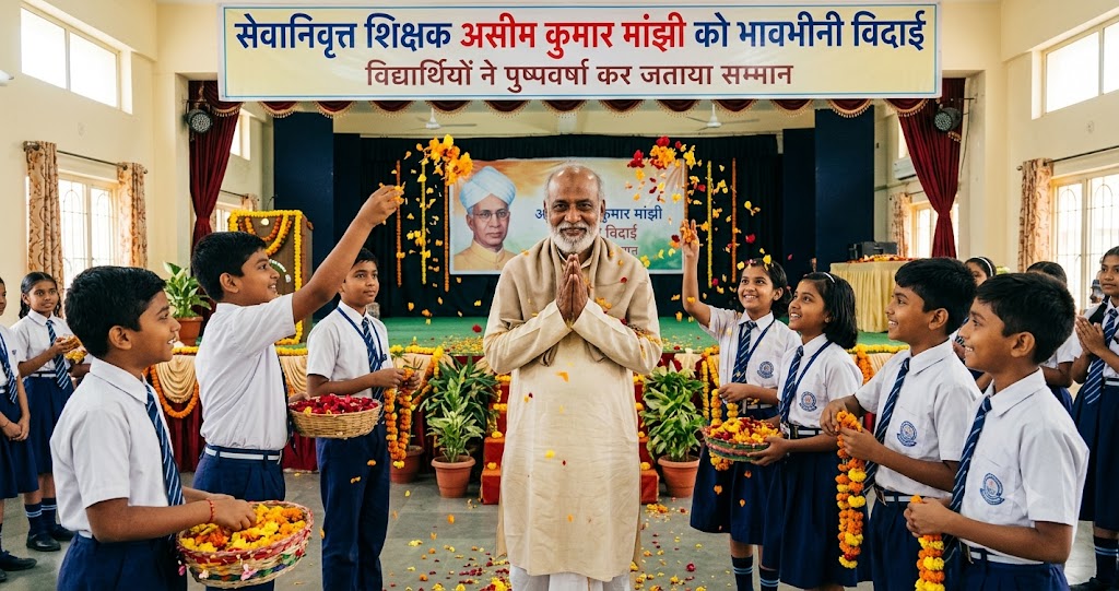 सेवानिवृत्त शिक्षक असीम कुमार मांझी को भावभीनी विदाई, विद्यार्थियों ने पुष्पवर्षा कर जताया सम्मान