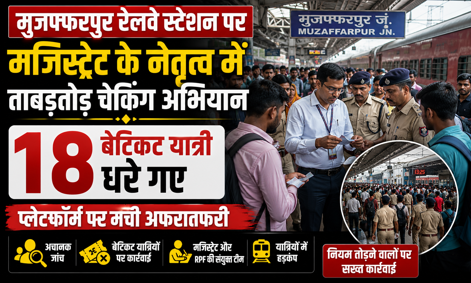 मुजफ्फरपुर रेलवे स्टेशन पर मजिस्ट्रेट के नेतृत्व में ताबड़तोड़ चेकिंग अभियान: 18 बेटिकट यात्री धरे गए, प्लेटफॉर्म पर मची अफरातफरी