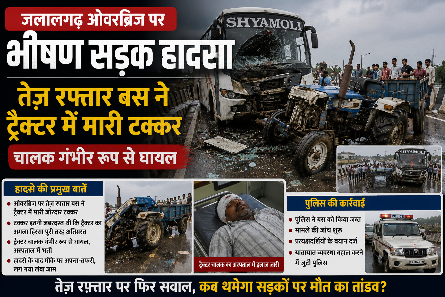 जलालगढ़ ओवरब्रिज पर भीषण सड़क हादसा: तेज रफ्तार बस ने ट्रैक्टर में मारी टक्कर, चालक गंभीर