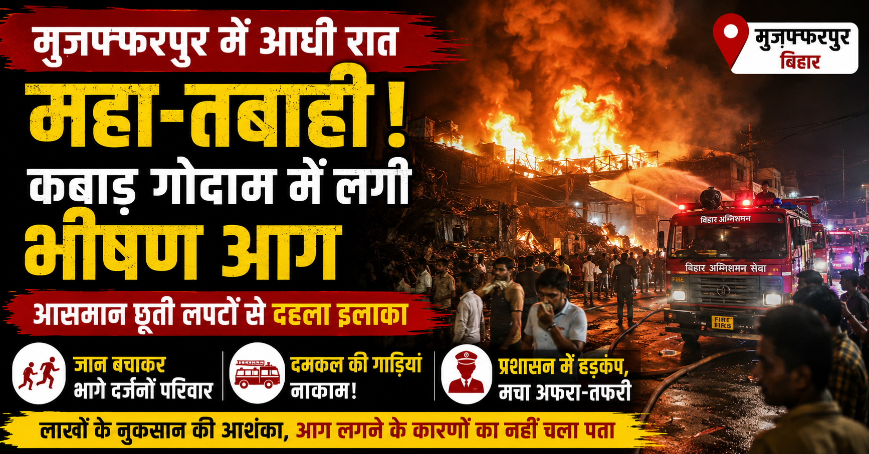मुजफ्फरपुर में आधी रात महा-तबाही! कबाड़ गोदाम में लगी भीषण आग, आसमान छूती लपटों से दहला इलाका; जान बचाकर भागे दर्जनों परिवार, दमकल की गाड़ियां नाकाम!