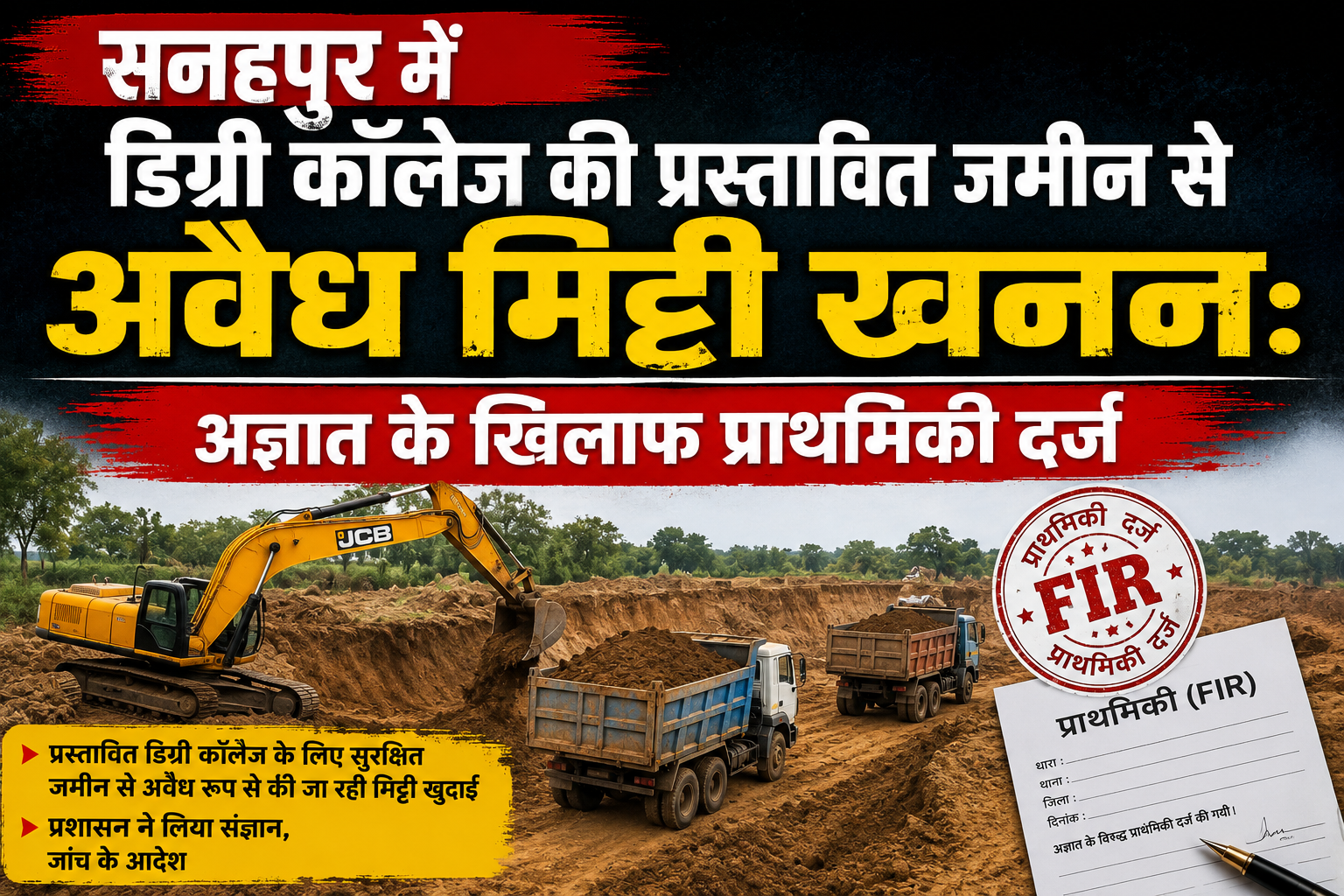 सनहपुर में डिग्री कॉलेज की प्रस्तावित जमीन से अवैध मिट्टी खनन: अज्ञात के खिलाफ प्राथमिकी दर्ज