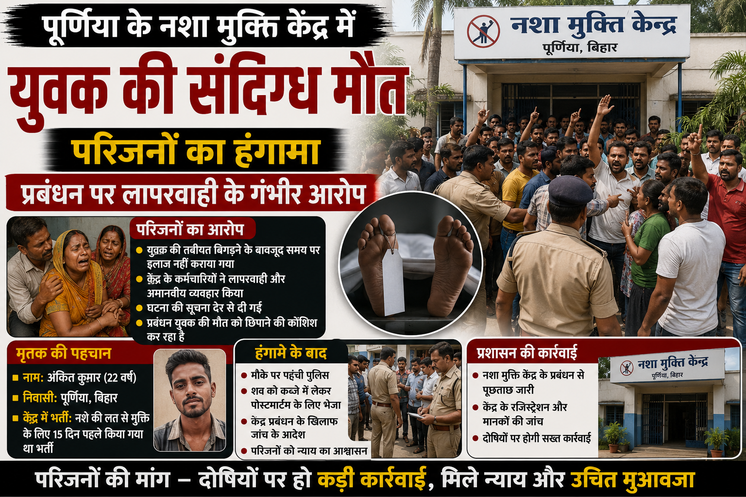 पूर्णिया के नशा मुक्ति केंद्र में युवक की संदिग्ध मौत: परिजनों का हंगामा, प्रबंधन पर लापरवाही के गंभीर आरोप