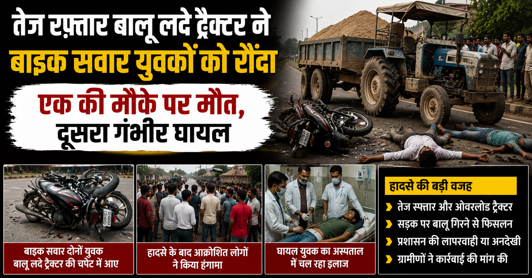 तेज रफ्तार बालू लदे ट्रैक्टर ने बाइक सवार युवकों को रौंदा, एक की मौके पर मौत, दूसरा गंभीर घायल