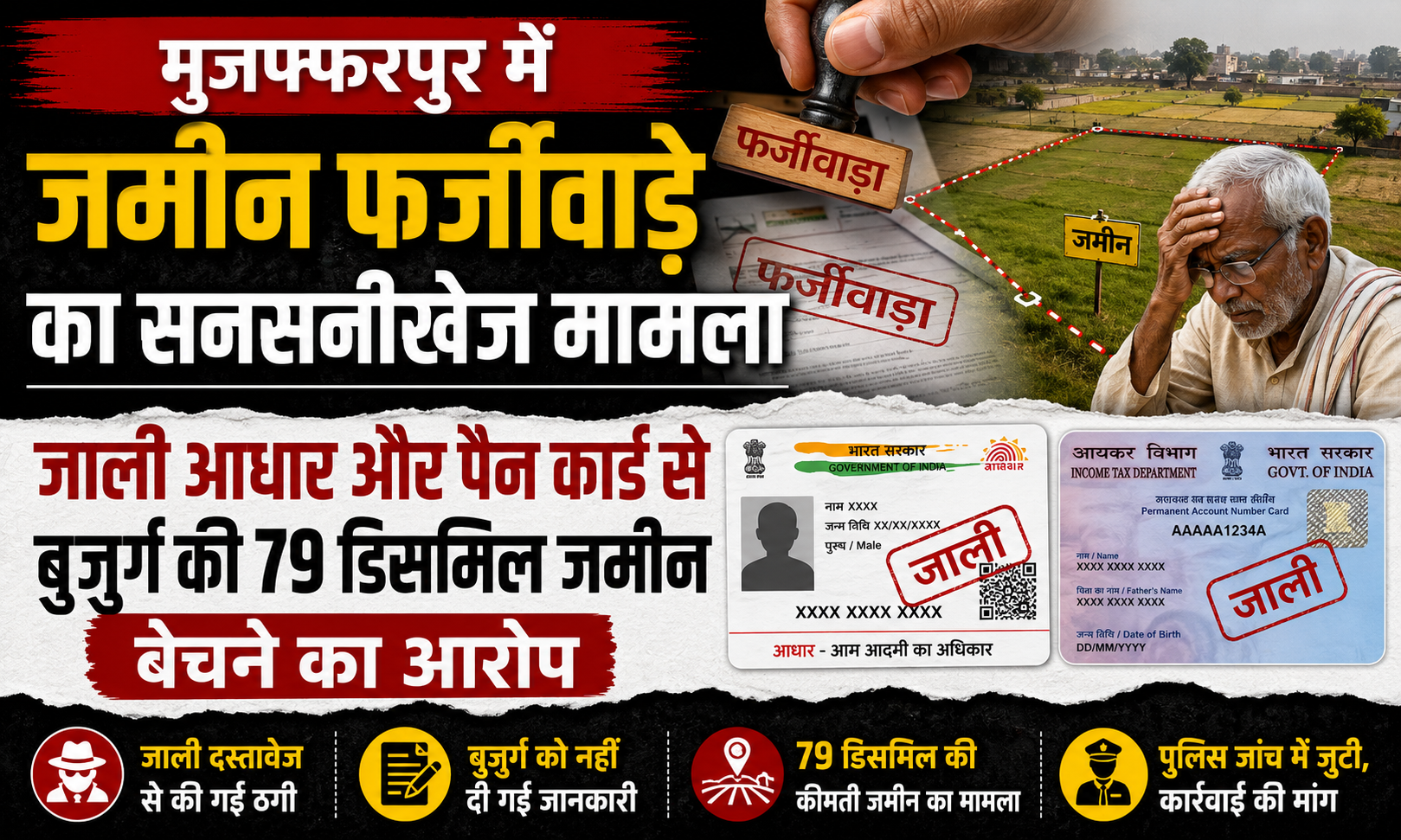 मुजफ्फरपुर में जमीन फर्जीवाड़े का सनसनीखेज मामला, जाली आधार और पैन कार्ड से बुजुर्ग की 79 डिसमिल जमीन बेचने का आरोप