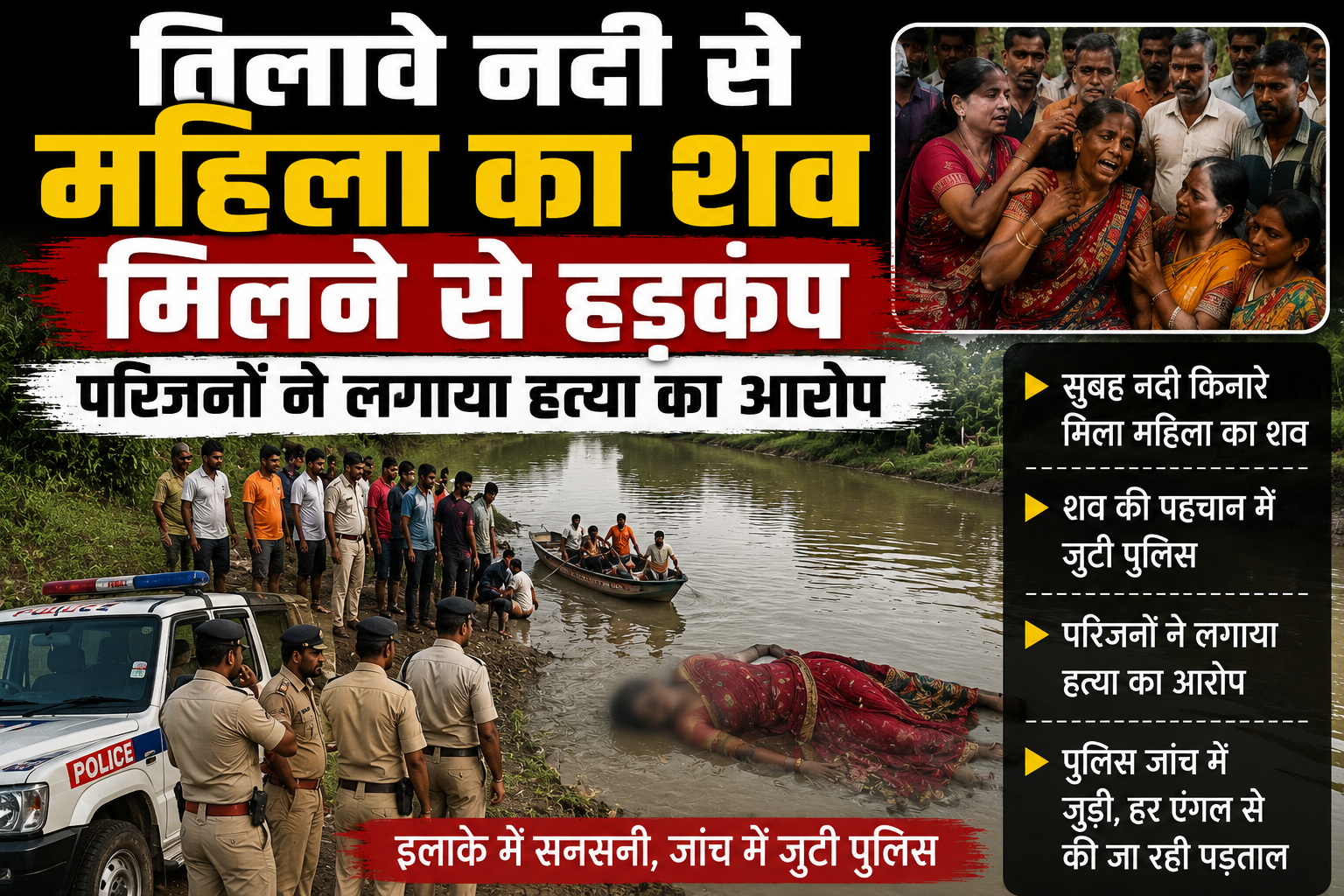 तिलावे नदी से महिला का शव मिलने से हड़कंप, परिजनों ने लगाया हत्या का आरोप