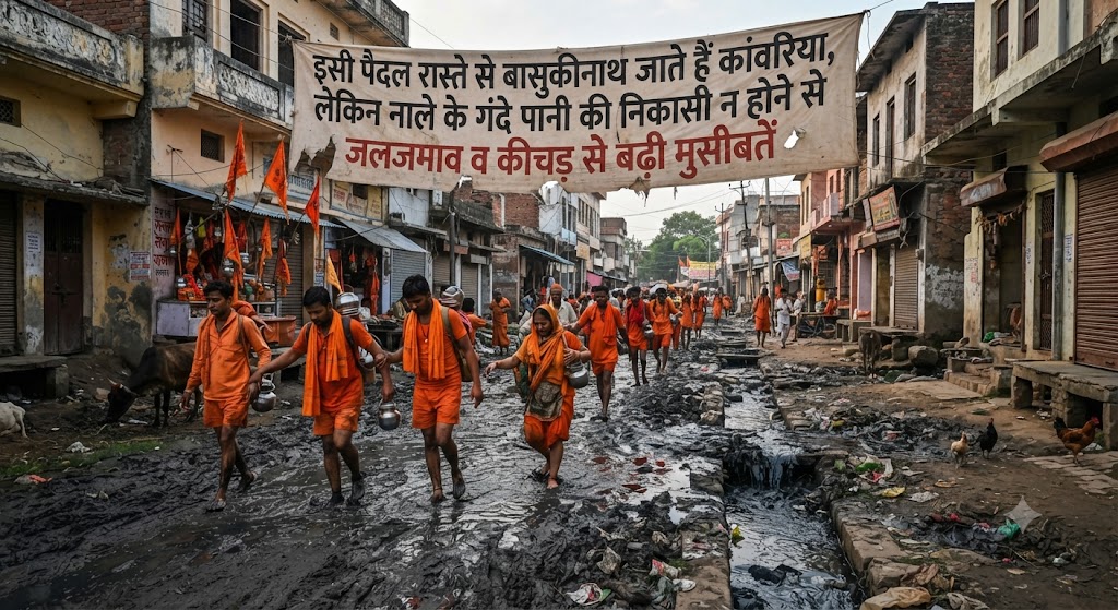 इसी पैदल रास्ते से बासुकीनाथ जाते हैं कांवरिया, लेकिन नाले के गंदे पानी की निकासी न होने से जलजमाव व कीचड़ से बढ़ी मुसीबतें